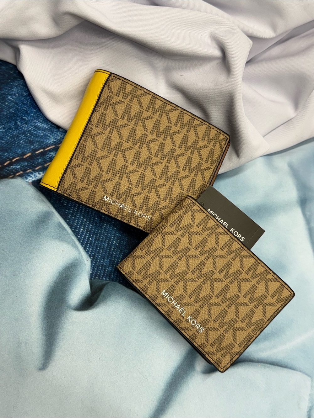 Michael Kors Brown MK Monogram Bifold Wallet with Yellow Accent